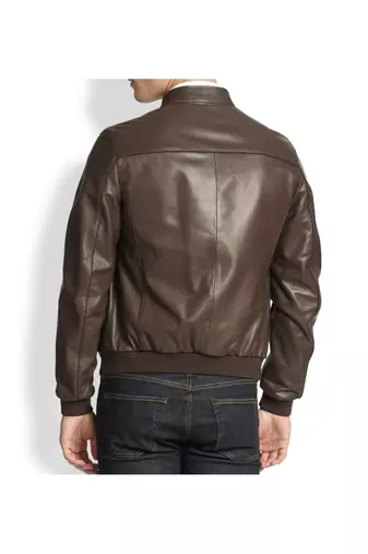 Men's brown lambskin leather motorcycle bomber jacket