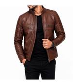 Men's brown lambskin leather minimal design biker jacket