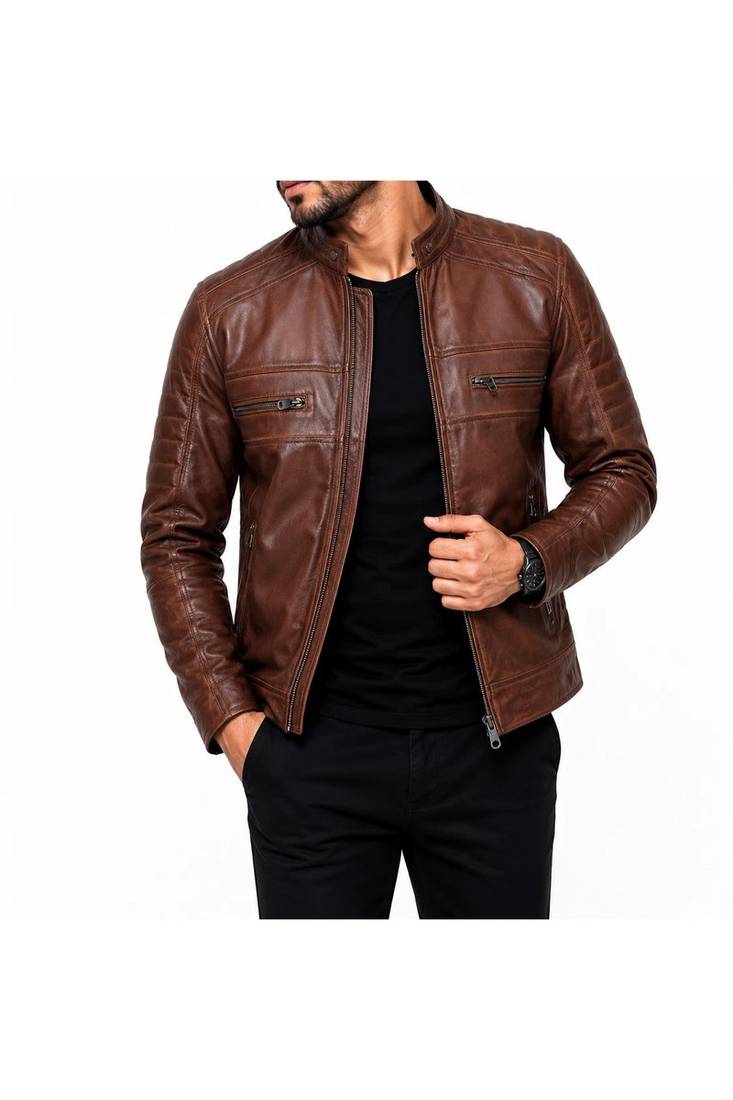 Men's brown lambskin leather minimal design biker jacket