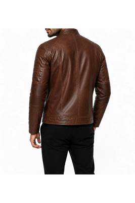 Men's brown lambskin leather minimal design biker jacket 2