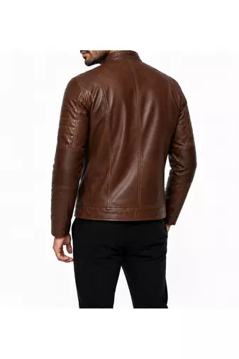 Men's brown lambskin leather minimal design biker jacket