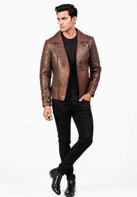 Men's lambskin leather premium quality brown biker jacket 2