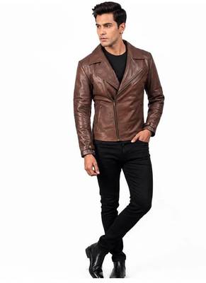 Men's lambskin leather premium quality brown biker jacket 4