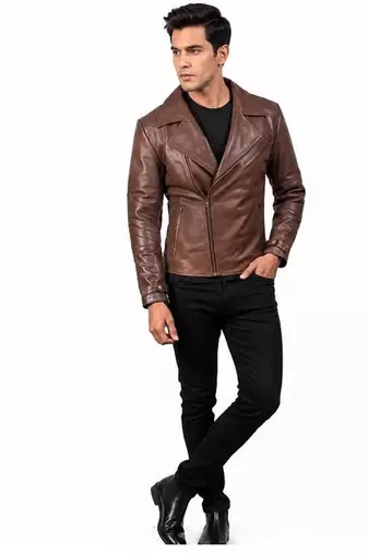 Men's lambskin leather premium quality brown biker jacket