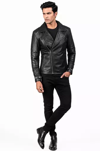 Men's black leather smart casual wear lambskin biker jacket