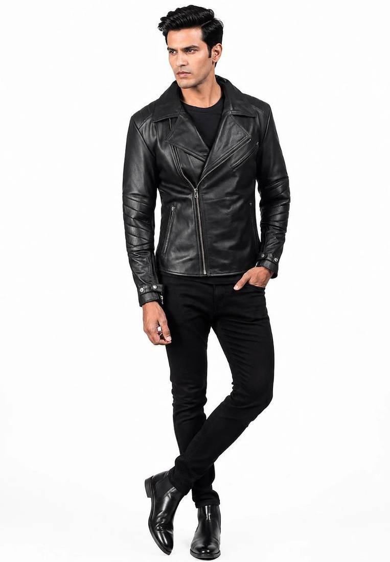 Men's black leather smart casual wear lambskin biker jacket