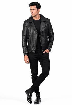 Men's black leather smart casual wear lambskin biker jacket 3