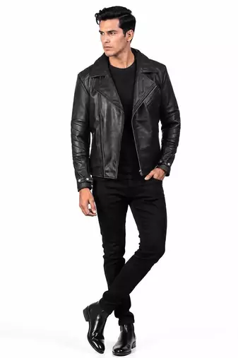 Men's black leather smart casual wear lambskin biker jacket