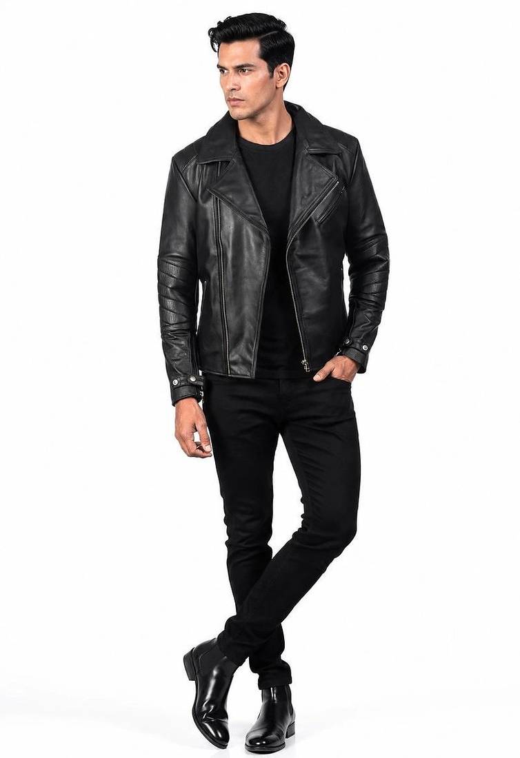 Men's black leather smart casual wear lambskin biker jacket