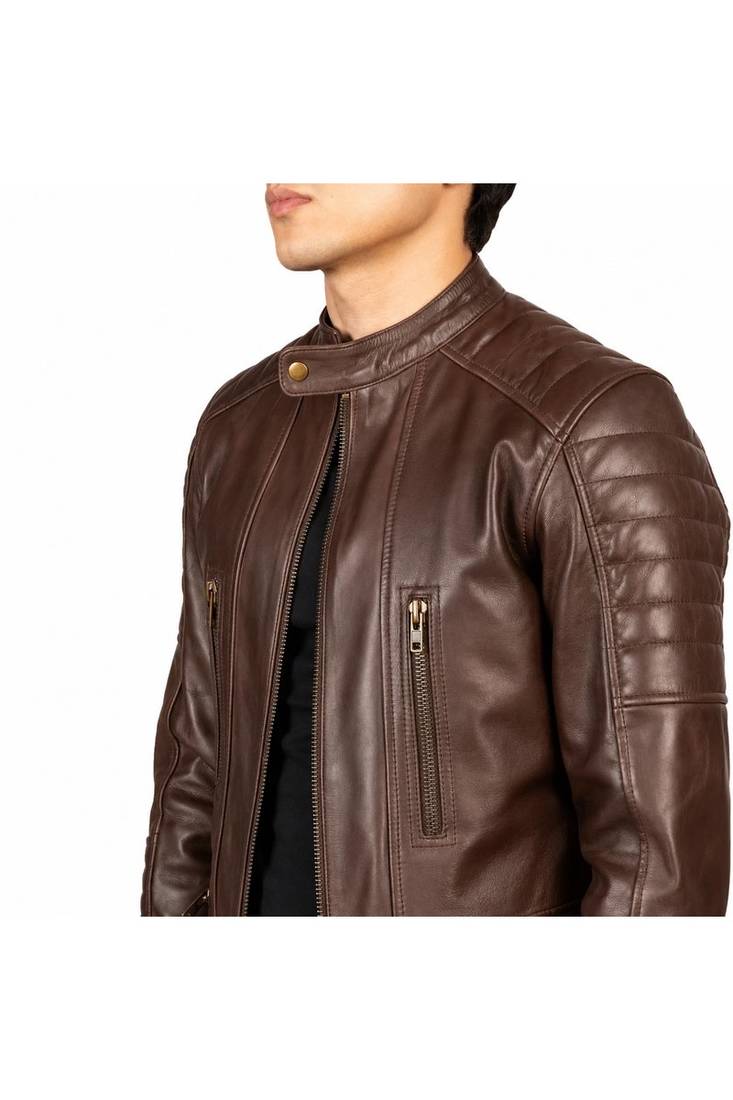 Men's brown leather lambskin designer style biker jacket