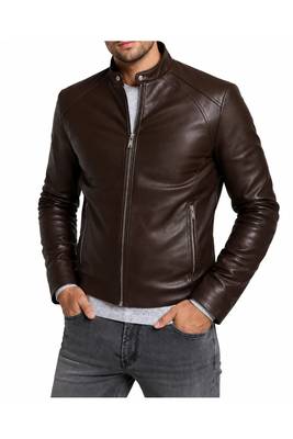 Men's brown leather iconic look real lambskin biker jacket 1