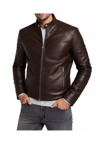 Men's brown leather iconic look real lambskin biker jacket