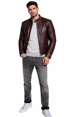 Men's brown leather iconic look real lambskin biker jacket 2