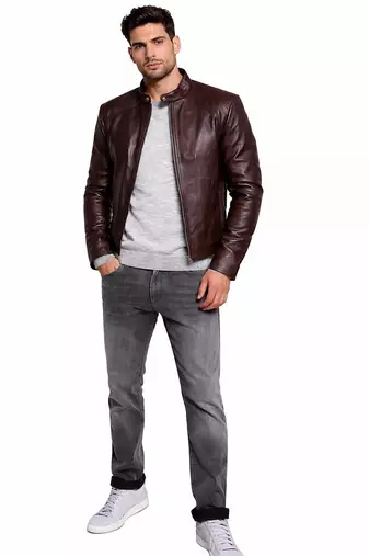 Men's brown leather iconic look real lambskin biker jacket