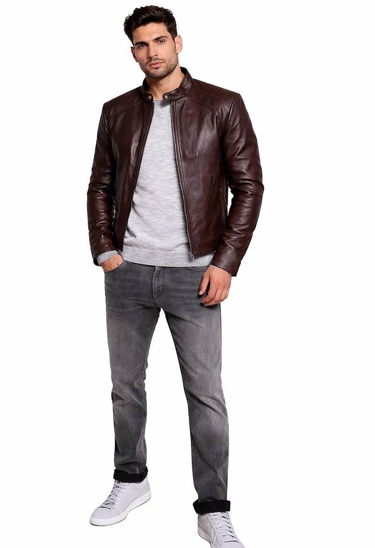 Men's brown leather iconic look real lambskin biker jacket