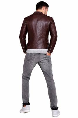Men's brown leather iconic look real lambskin biker jacket 3