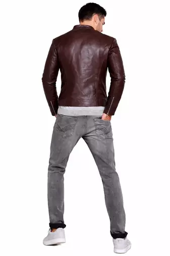 Men's brown leather iconic look real lambskin biker jacket