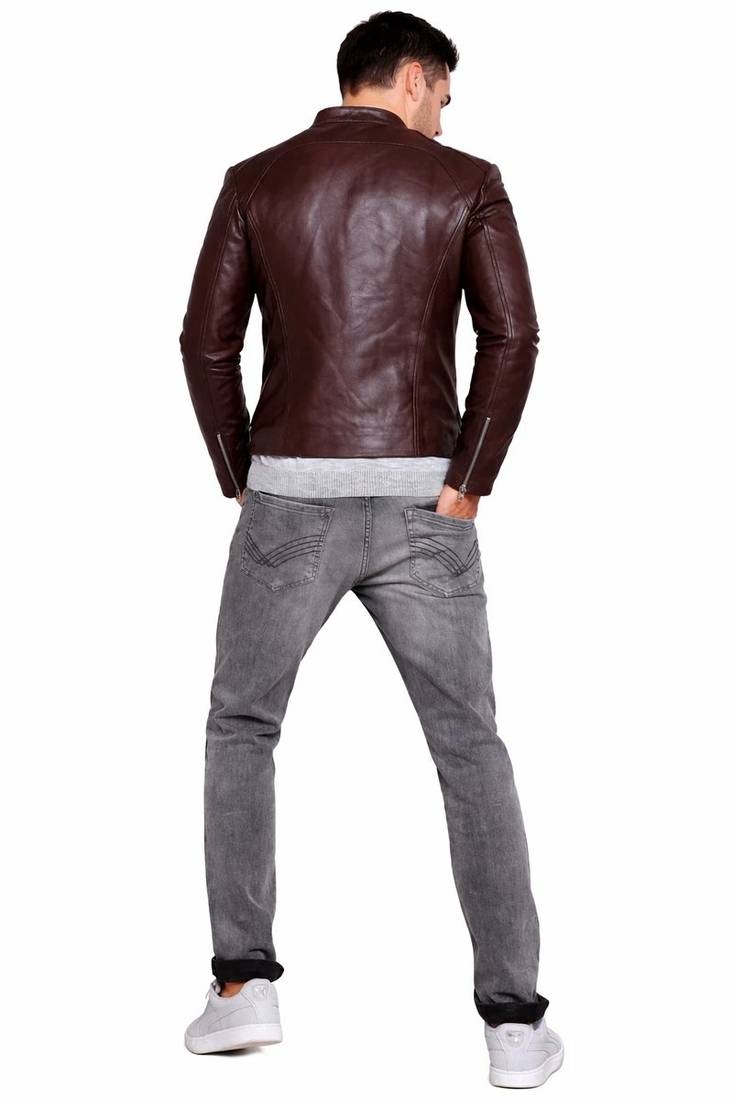 Men's brown leather iconic look real lambskin biker jacket