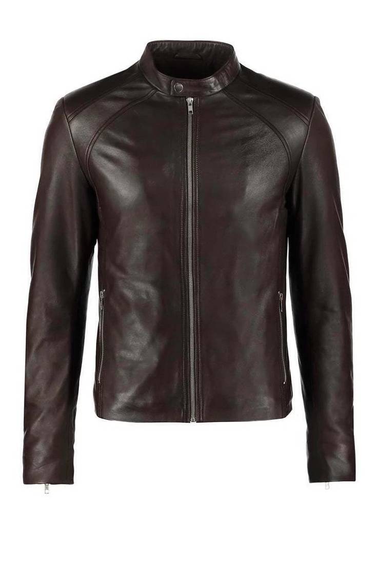 Men's brown leather iconic look real lambskin biker jacket