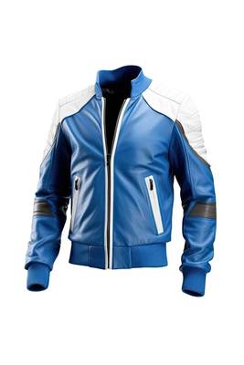 Men's blue & white leather bomber jacket urban fashion 1