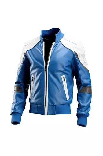 Men's blue & white leather bomber jacket urban fashion