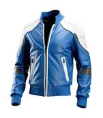 Men's blue & white leather bomber jacket urban fashion