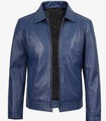 Men's blue lambskin leather jacket daily casual wear coat