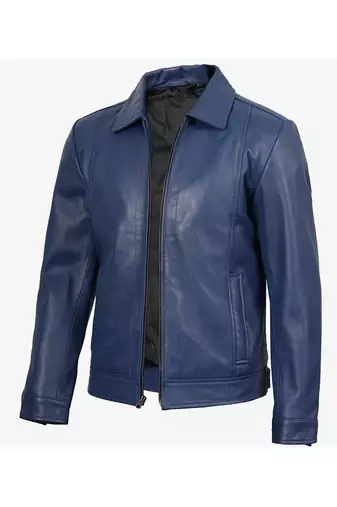 Men's blue lambskin leather jacket daily casual wear coat
