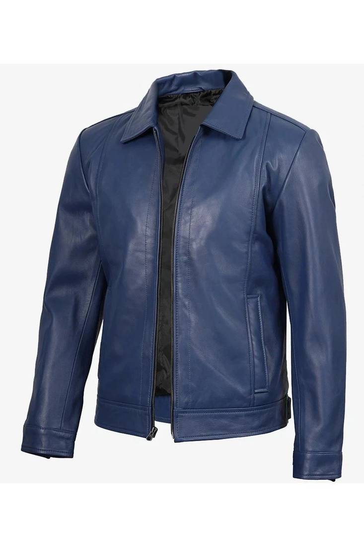 Men's blue lambskin leather jacket daily casual wear coat
