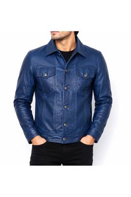 Men's blue lambskin leather signature look trucker jacket 1