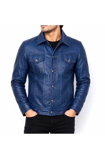 Men's blue lambskin leather signature look trucker jacket