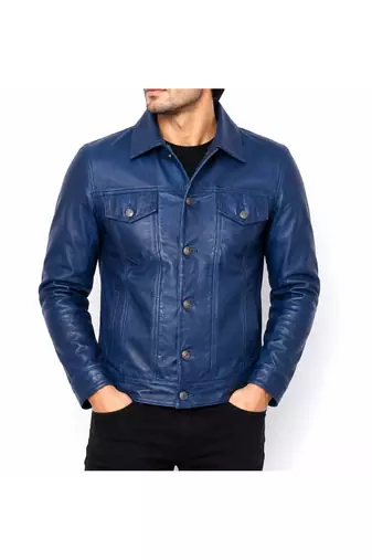Men's blue lambskin leather signature look trucker jacket