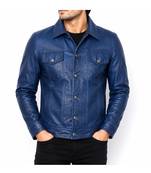Men's blue lambskin leather signature look trucker jacket