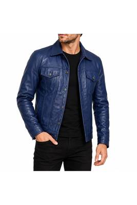 Men's blue lambskin leather signature look trucker jacket 2
