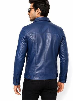 Men's blue lambskin leather signature look trucker jacket 3