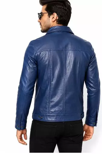 Men's blue lambskin leather signature look trucker jacket