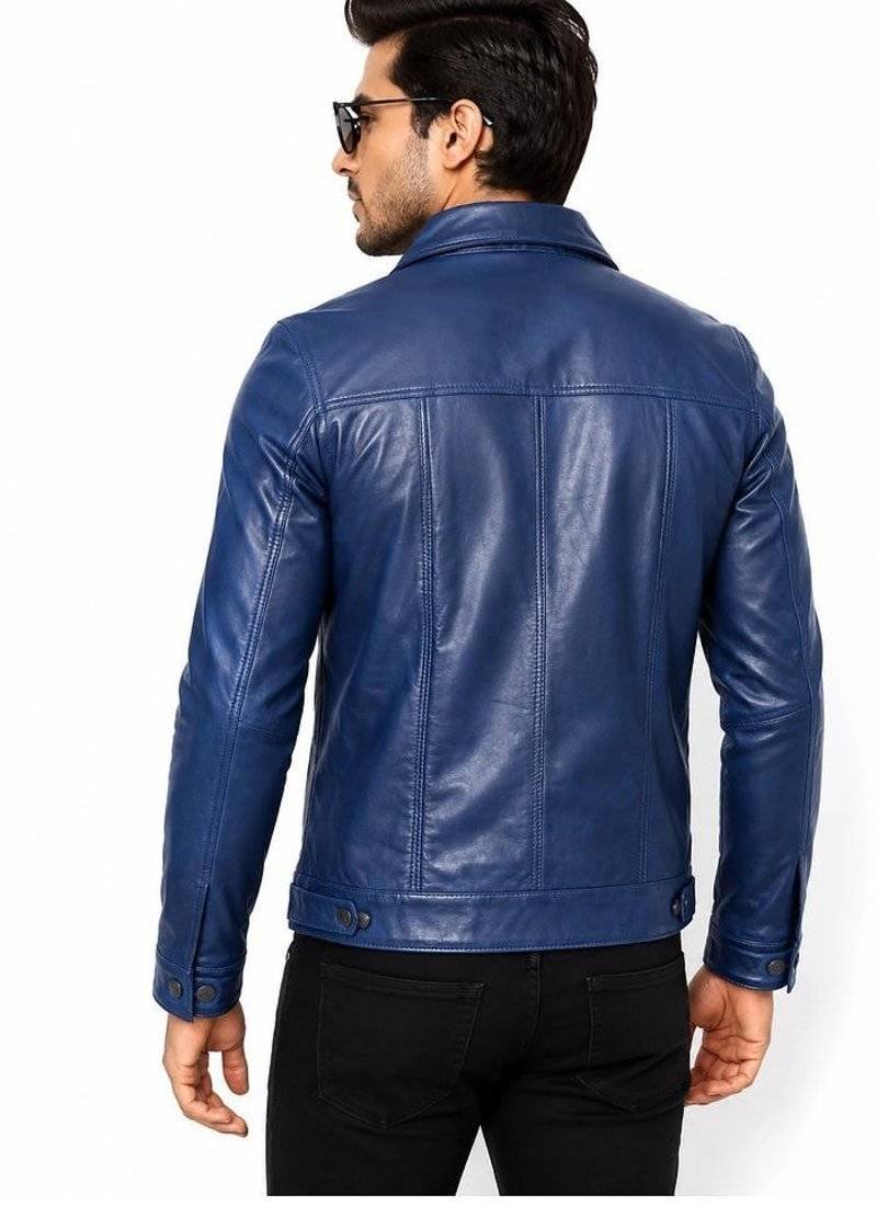 Men's blue lambskin leather signature look trucker jacket