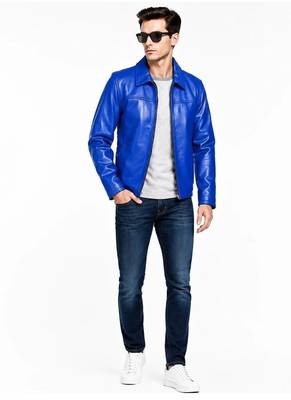 Men's blue leather riding jacket real lambskin classic design 1