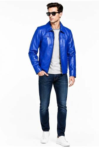 Men's blue leather riding jacket real lambskin classic design