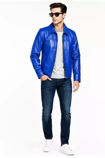 Men's blue leather riding jacket real lambskin classic design