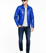 Men's blue leather riding jacket real lambskin classic design
