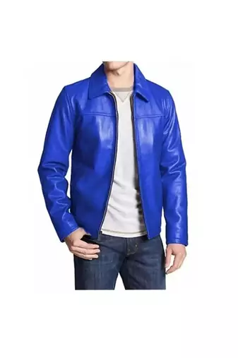 Men's blue leather riding jacket real lambskin classic design