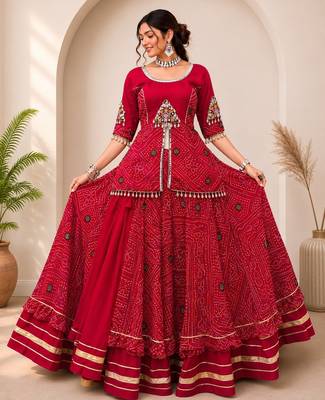 Navratri Special Red Bandhej Flared Lehenga and Short Kurta Set with Mirror Work Jacket 1