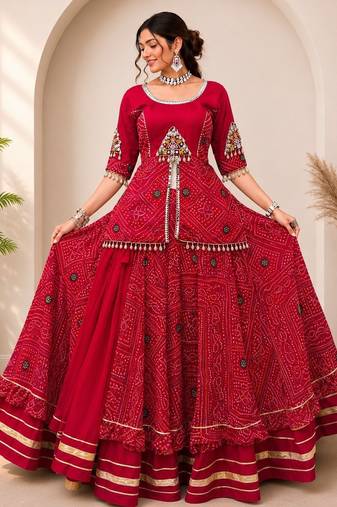 Navratri Special Red Bandhej Flared Lehenga and Short Kurta Set with Mirror Work Jacket