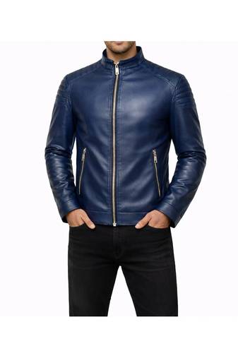 Men's blue leather riding jacket real lambskin everyday wear