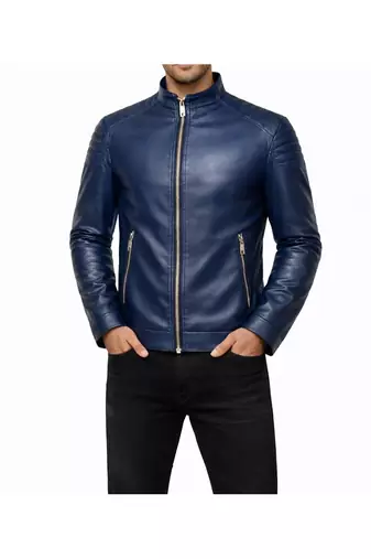 Men's blue leather riding jacket real lambskin everyday wear