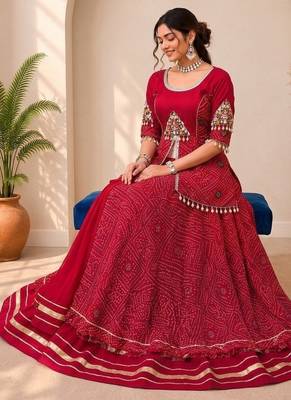 Navratri Special Red Bandhej Flared Lehenga and Short Kurta Set with Mirror Work Jacket 2