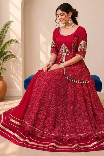 Navratri Special Red Bandhej Flared Lehenga and Short Kurta Set with Mirror Work Jacket