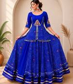  Blue Bandhej Flared Lehenga and Short Kurta Set with Mirror Work Jacket
