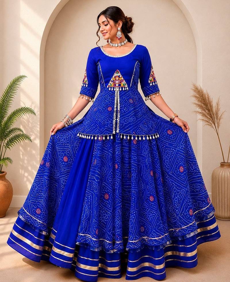  Blue Bandhej Flared Lehenga and Short Kurta Set with Mirror Work Jacket